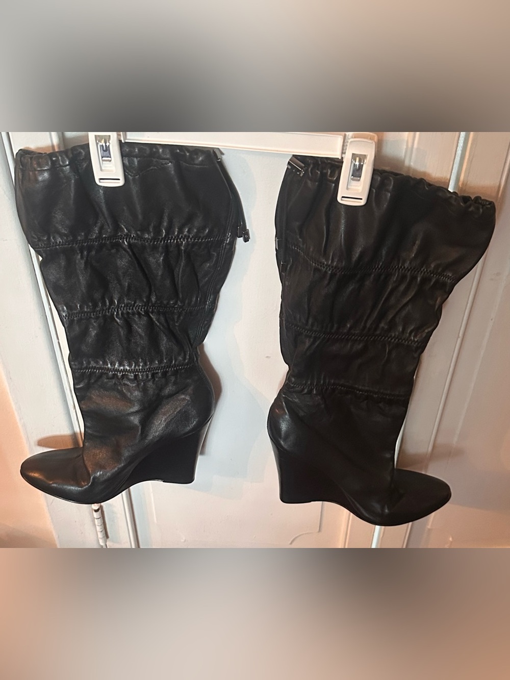 Black Wedge Mid-Calf Ruched Boots